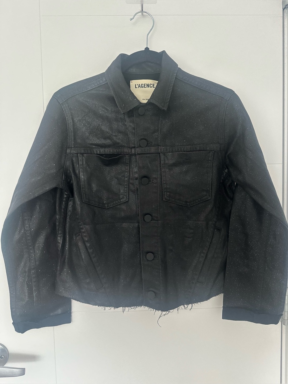 L’AGENCE Janelle black with silver glitter saturated coated denim jacket